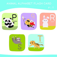 English alphabet with cute animals vector illustrations set. Cute Animals alphabet for kids education. Learn letters with funny zoo animals for kids. Childish Vector ABC Poster for Preschool Education