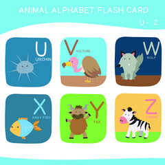 English alphabet with cute animals vector illustrations set. Cute Animals alphabet for kids education. Learn letters with funny zoo animals for kids. Childish Vector ABC Poster for Preschool Education