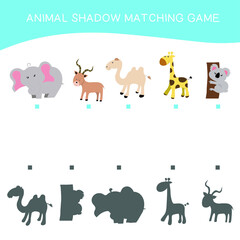 Matching game for Preschool Children. This worksheet is suitable for educating the early age children to match the image with the shadow. Educational printable worksheet. Vector illustration.
