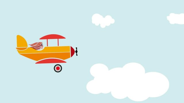 Woman aviator fly on old plane in the sky between the clouds.  Animated illustration, flat cartoon