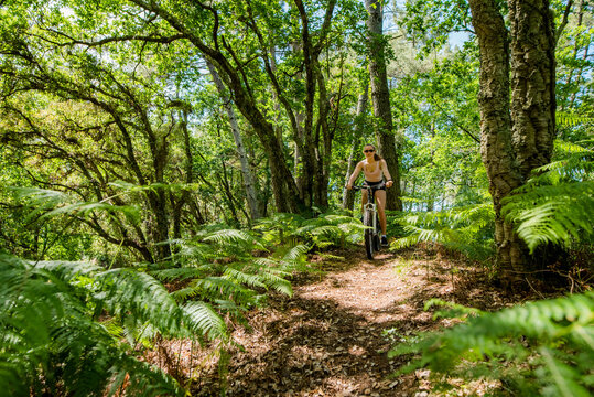 pretty yellow athletic woman mountain biking in the forest © Image'in