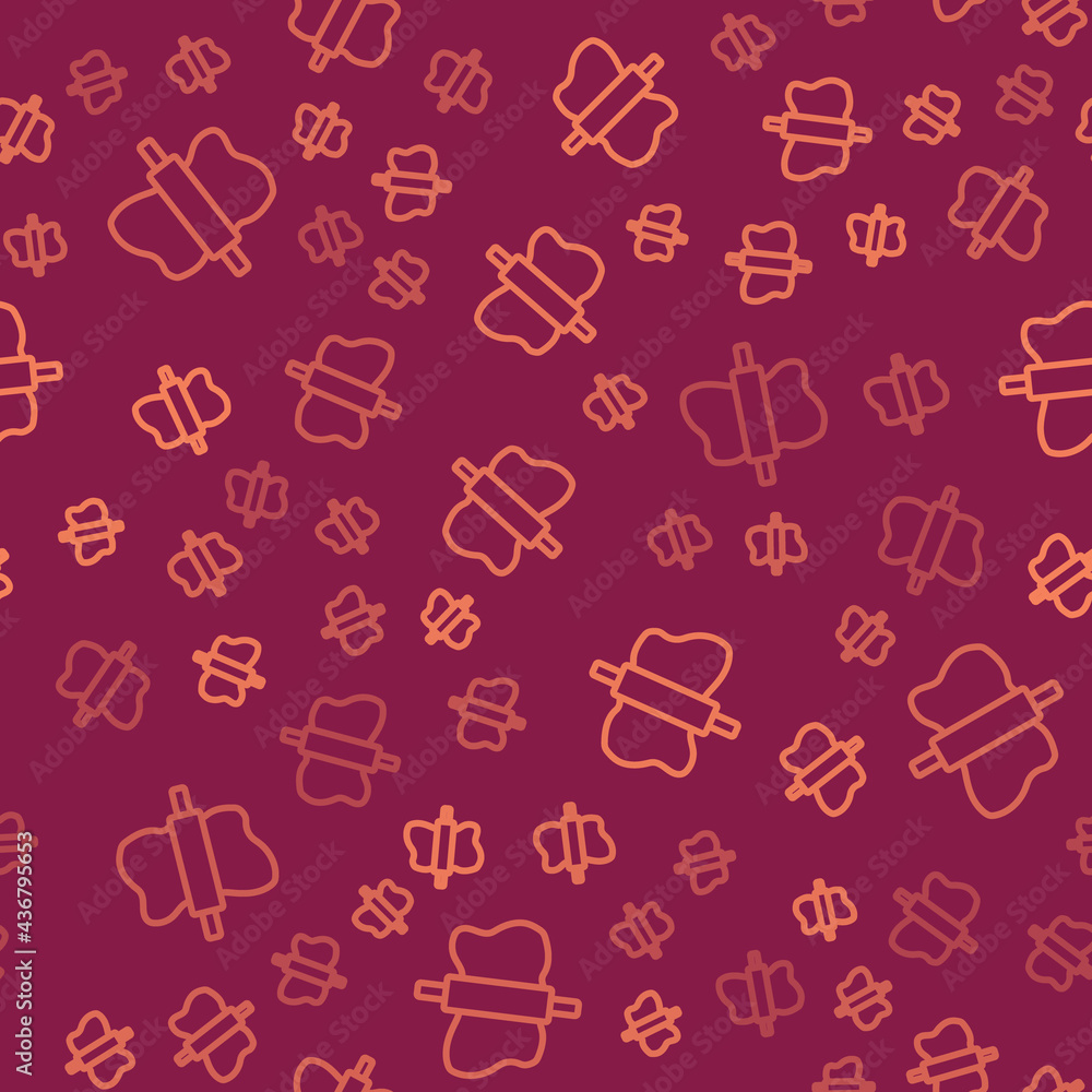 Poster brown line rolling pin on dough icon isolated seamless pattern on red background. vector