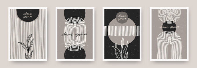 Set of wall art minimal poster. Scandinavian style hand drawn wall art decor. Design with abstract shape, lines and plant. Can be used for cover, print, poster, wall decoration. Vector illustration. © sergo77