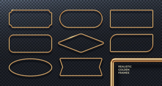 Set of realistic golden metal frames. 3d golden geometric banners - decoration elements for greeting card, cover, poster or invitation. Vector illustration.