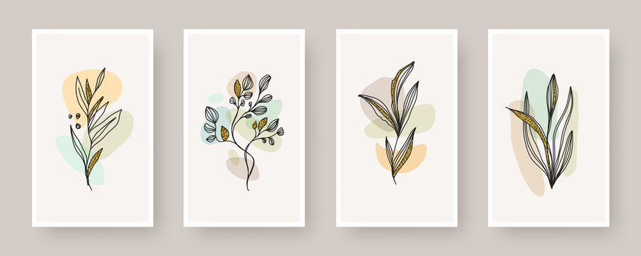 Set of wall art poster. Abstract shape and line art plant with glitter gold, Boho style botanical design for cover, print, poster, wall decoration. Vector floral design.