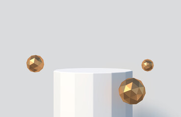 White podium - faceted column for product presentation. Podium stage with golden faceted spheres. Minimal scene with podium, Vector illustration.