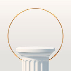 White podium like a classic column for product presentation. Podium stage with golden ring. Minimal scene with podium, Vector illustration.