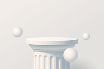 White podium like a classic column for product presentation. Podium stage with with white spheres. Minimal scene with podium, Vector illustration.