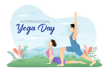 International Yoga Day , World Yoga day, Couple doing yoga in garden 
