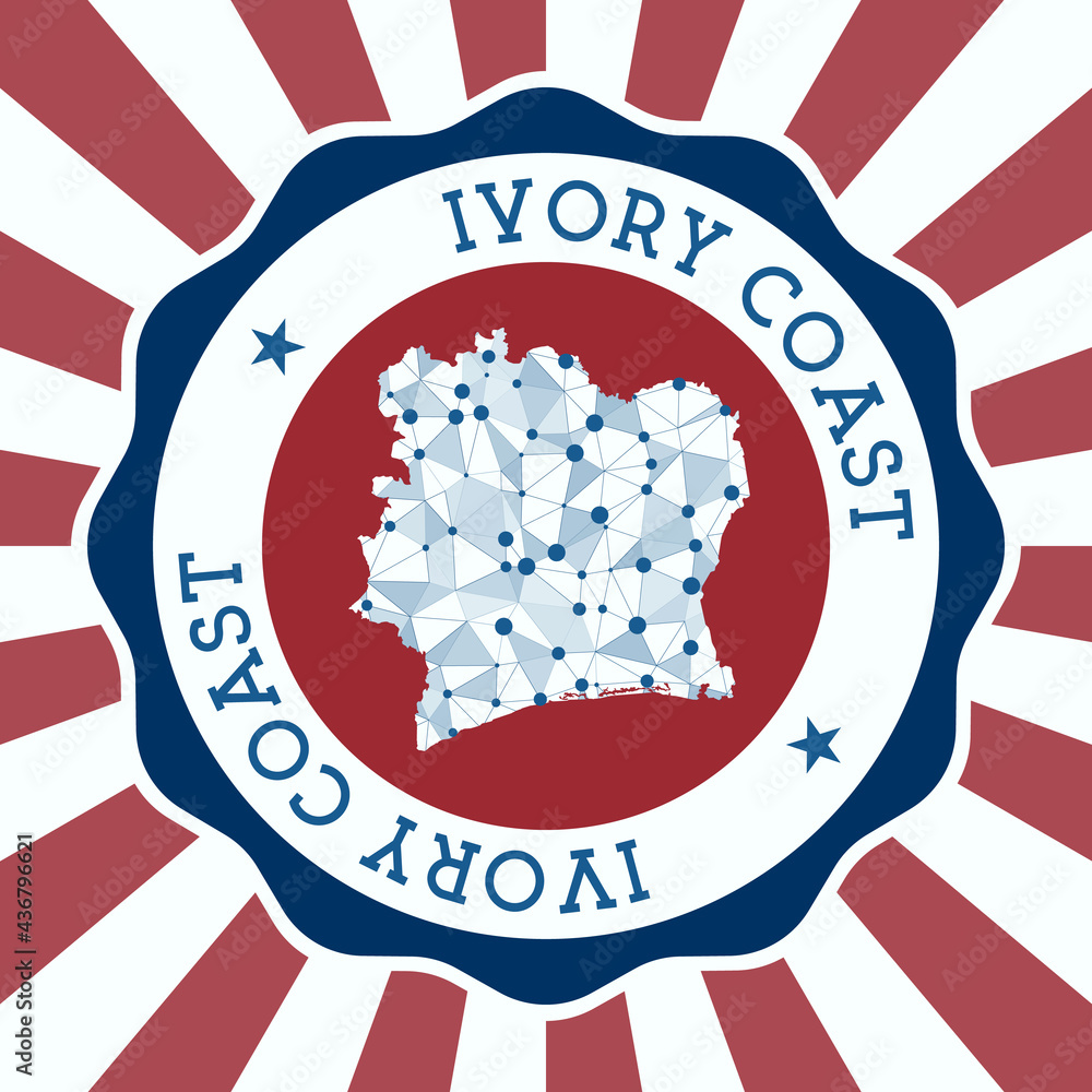Poster ivory coast badge. round logo of country with triangular mesh map and radial rays. eps10 vector.