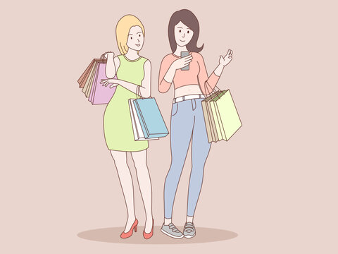Two women shopping with multicolored paper bags and mobile phones. The picture uses a pastel tone.