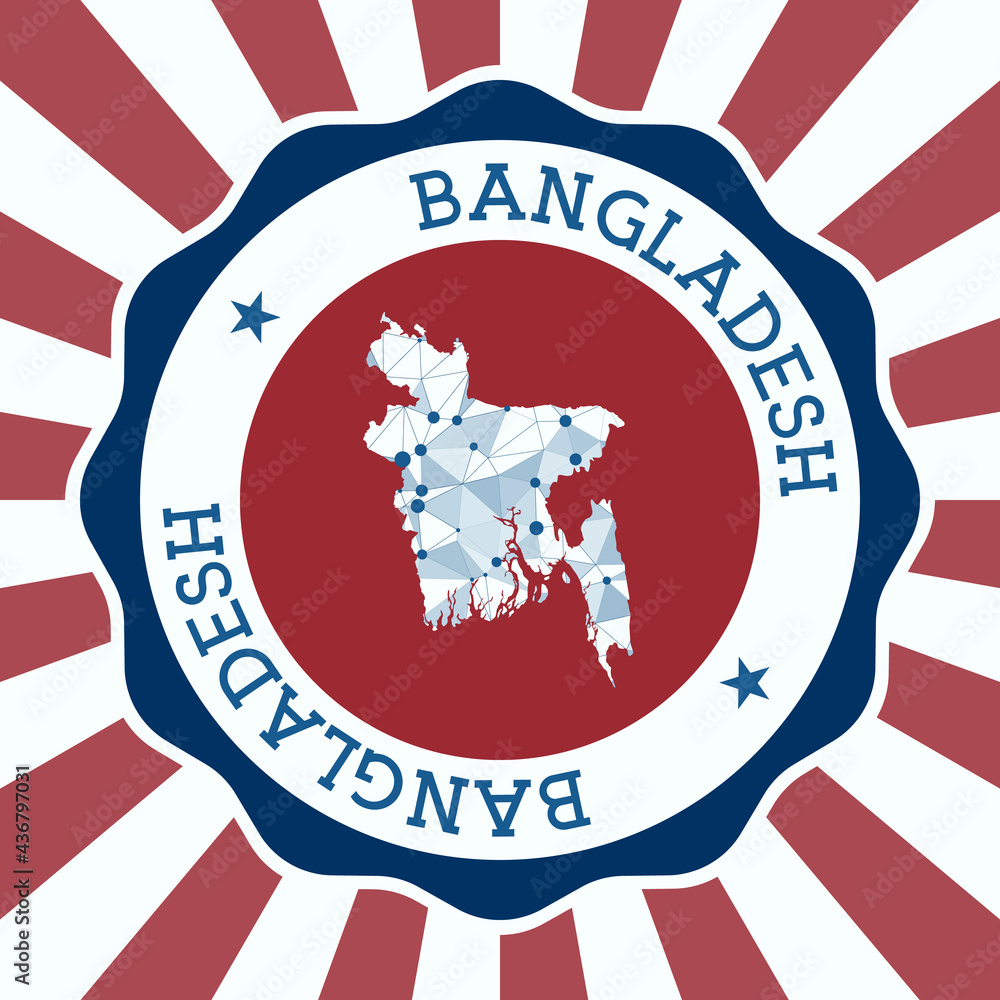 Poster bangladesh badge. round logo of country with triangular mesh map and radial rays. eps10 vector.