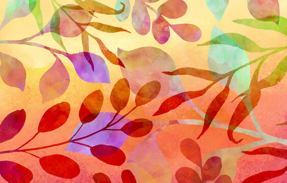 Floral background with watercolor leaves, abstract background with texture and botanical pattern in red orange purple blue green and yellow colors, colorful autumn floral background