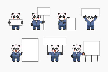 Set of panda characters in business suit posing with various blank banners. Promote, advertise concept. Vector illustration bundle