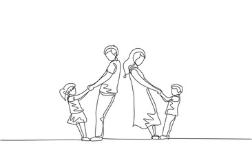 Fototapeta na wymiar Single continuous line drawing of young mother and daughter holding their son and daughter hand while dancing together at home. Happy family parenting concept. One line draw design vector illustration