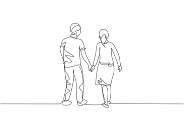 Fotobehang Single continuous line drawing of young couple wife and husband walking together and holding hand, back view. Happy family parenting concept. Trendy one line draw design vector illustration © Simple Line
