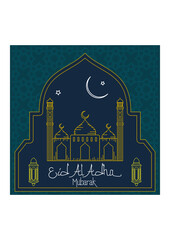 Editable Mosque with Night Sky Scene Vector Illustration and Arabian Lanterns in Outline Style on Patterned Background for Artwork Elements of Eid Al-Adha or Islamic Holy Festival Design Concept