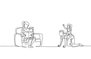 One continuous line drawing of young play with daughter while mother sitting on sofa and reading book to son. Happy family parenting concept. Dynamic single line draw design vector illustration