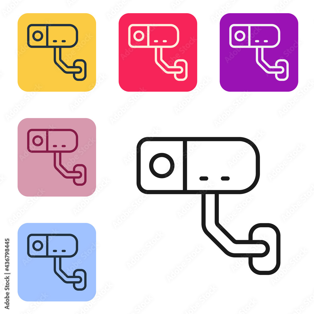 Poster black line security camera icon isolated on white background. set icons in color square buttons. vec