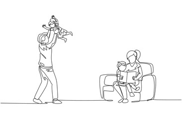 Single continuous line drawing of young mother sitting on sofa and reading book to son while father play with daughter at home. Happy family parenting concept. One line draw design vector illustration