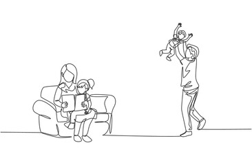 One continuous line drawing of young mom sitting on sofa and reading book to son while dad play with daughter at home. Happy family parenting concept. Single line draw design vector illustration