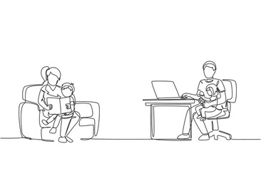 Fototapeta na wymiar One single line drawing of young mom reading book to son and dad sitting on sofa and typing on laptop at home vector illustration. Happy family parenting concept. Modern continuous line draw design