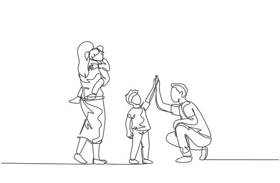 One single line drawing of young father giving high five to his son while mother carrying sleepy daughter vector illustration. Happy family parenting concept. Modern continuous line draw design