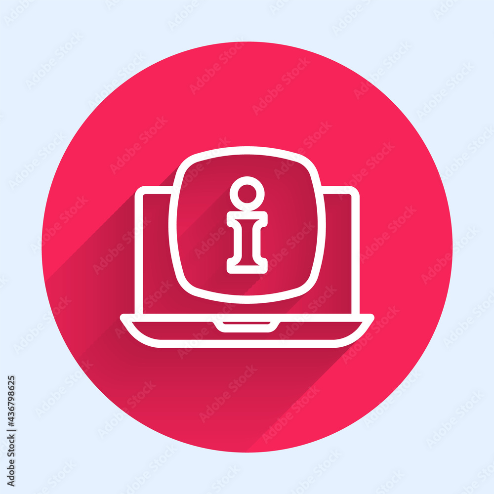 Poster white line laptop with information icon isolated with long shadow. red circle button. vector