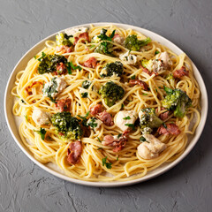 Homemade Chicken Bacon Broccoli Alfredo on a plate on a gray background, low angle view.