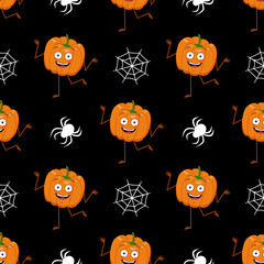 Cute dark seamless pattern with pumpkins, cobwebs and spiders. Halloween party decoration. Vegetable print with a smirk. Festive background for paper, textile, holiday and design