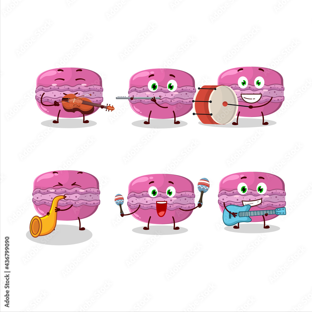 Sticker Cartoon character of strawberry macaron playing some musical instruments