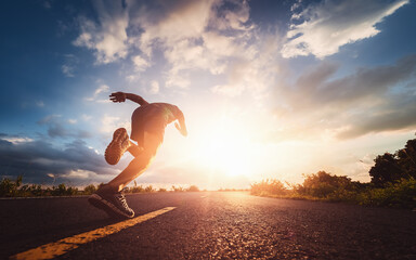Athlete runner feet running on road, Jogging concept at outdoors. Man running for exercise. - obrazy, fototapety, plakaty