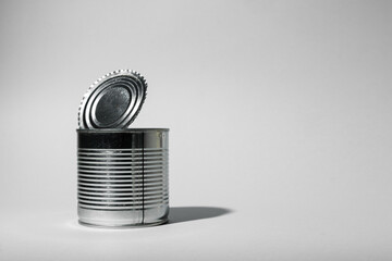 Tin can for food on gray background