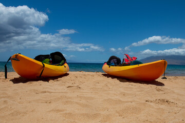 Kayak tourism. Calm sea beach background. Summer tropical beach with sand. Ocean water. Natural seascape.