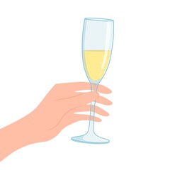 Hand holds a glass of champagne. Vector illustration isolated on white background