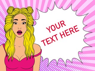 Surprised woman with speech bubble.Comic woman. Wow face female. Pop Art vintage vector illustration