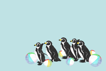 ペンギンとビーチボールの手描きイラスト
