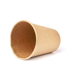 one paper cup lies on its side isolated on a white background.