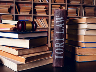 Heap of books and Tort law with gavel. - obrazy, fototapety, plakaty