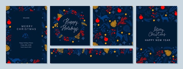 Merry Christmas and Happy New Year holiday cards collection, seamless pattern. Floral, botanical design
