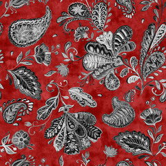 Paisley watercolor floral pattern tile: flowers, flores, tulips, leaves. Oriental indian traditional hand painted water color whimsical seamless print, ceramic design. Abstract india batik background