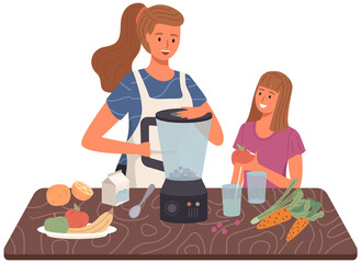 Mom and daughter are cooking smoothie or juice in blender. Proper healthy nutrition and vegetarianism concept. Process of cooking vegetarian drink. Female characters mix fruits for healthy drink