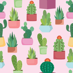 Cactus with pots Vector Seamless Repeating Pattern. Great as a textile print, fabric, background, packaging or giftwrap, wallpaper, scrapbooking, bookcover. Surface pattern design.	