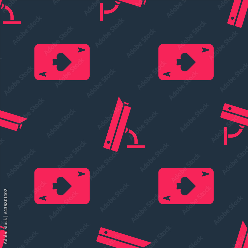 Aufkleber set playing card with spades and security camera on seamless pattern. vector