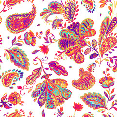 Obraz premium Paisley watercolor floral pattern tile: flowers, flores, tulips, leaves. Oriental indian traditional hand painted water color whimsical seamless print, ceramic design. Abstract india batik background