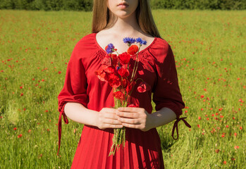 Cropped portrait of girl in red dress in a poppy field holding wild flowers