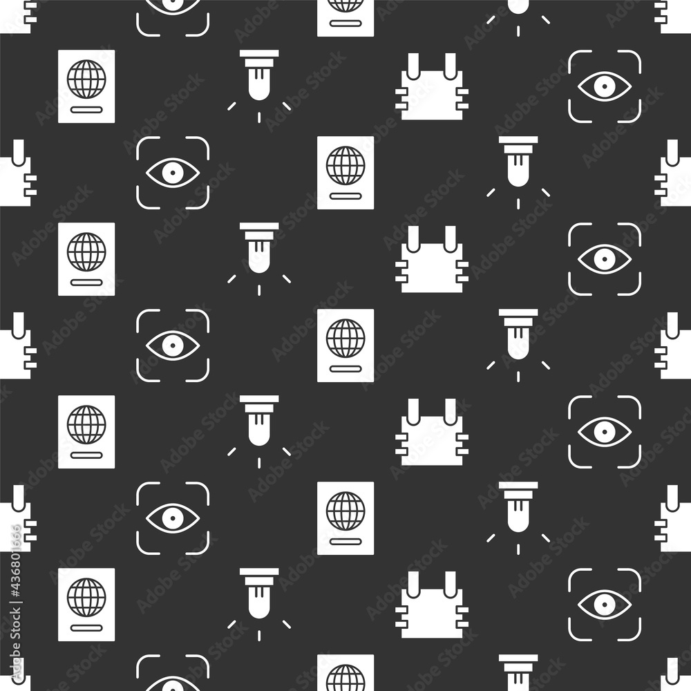 Poster set bulletproof vest, eye scan, passport and motion sensor on seamless pattern. vector