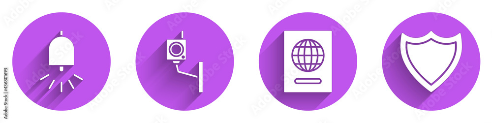 Poster set ringing alarm bell, security camera, passport and shield icon with long shadow. vector