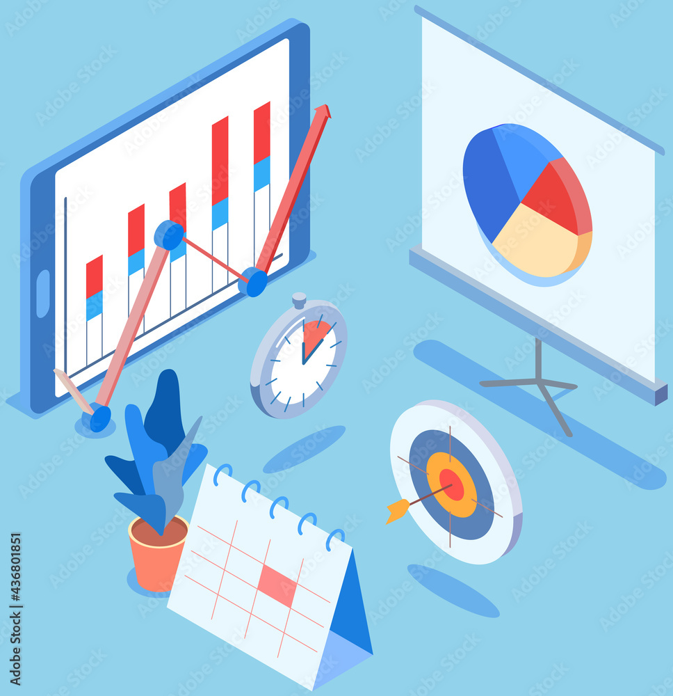 Poster visualize with business analytics. work with statistical data analysis, changing indicators. analyze