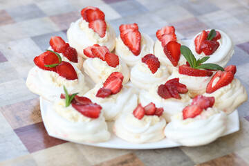 Delicate airy dessert with strawberries